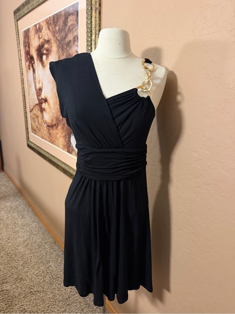 BCBG MAXAZRIA Black One-Shoulder Dress with Gold Chain Accent Size S